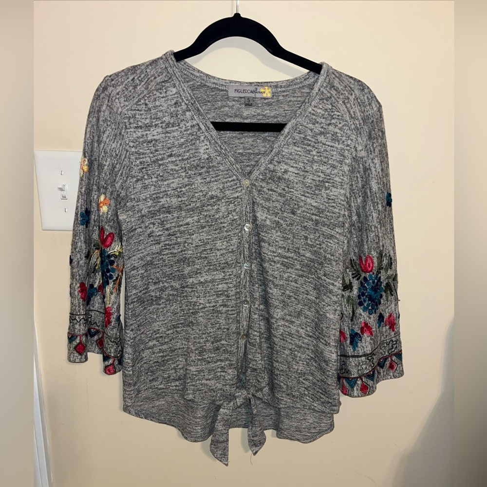 Fig & Flower Anthropologie Tie Front Embroidered Sweater Size Small Boho Hippie